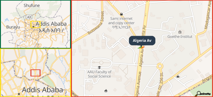 Map showing the address of Algeria Av in three different zoom levels.