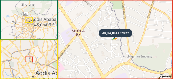 Map showing the address of AR_04_0613 Street in three different zoom levels.