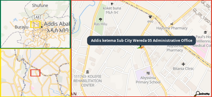 Map showing the address of Addis ketema Sub City Wereda 05 Administrative Office in three different zoom levels.