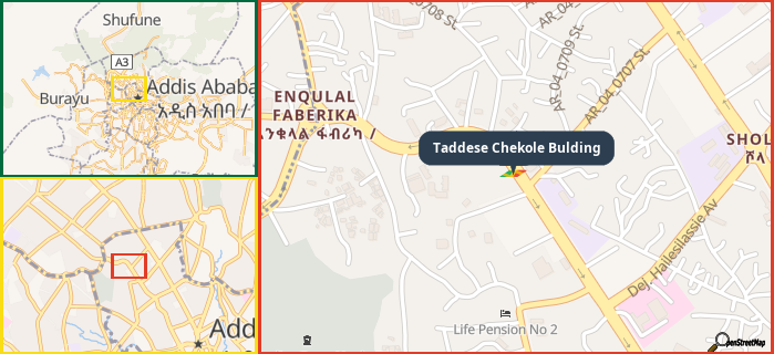 Map showing the address of Taddese Chekole Bulding in three different zoom levels.