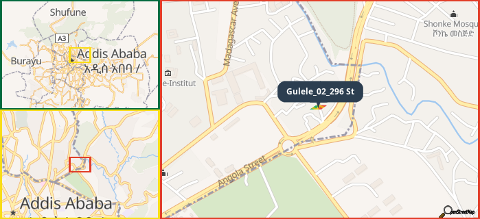 Map showing the address of Gulele_02_296 St in three different zoom levels.