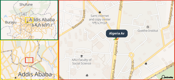 Map showing the address of Algeria Av in three different zoom levels.