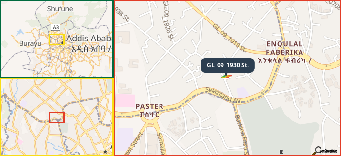 Map showing the address of GL_09_1930 St. in three different zoom levels.