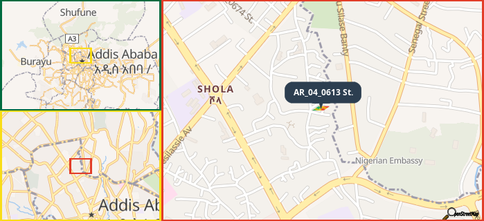 Map showing the address of AR_04_0613 St. in three different zoom levels.