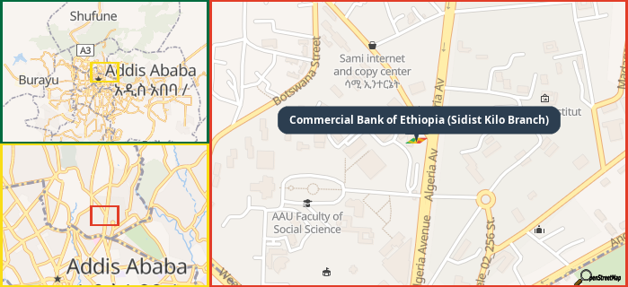 Map showing the address of Commercial Bank of Ethiopia (Sidist Kilo Branch) in three different zoom levels.