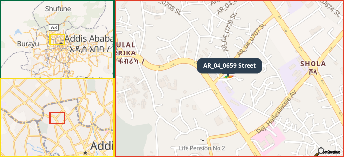 Map showing the address of AR_04_0659 Street in three different zoom levels.