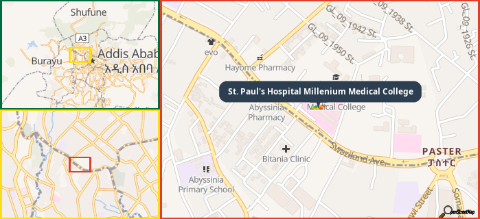 Map showing the address of St. Paul's Hospital Millenium Medical College in three different zoom levels.