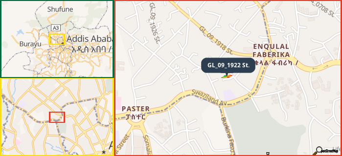 Map showing the address of GL_09_1922 St. in three different zoom levels.