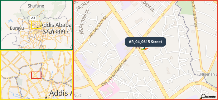 Map showing the address of AR_04_0615 Street in three different zoom levels.