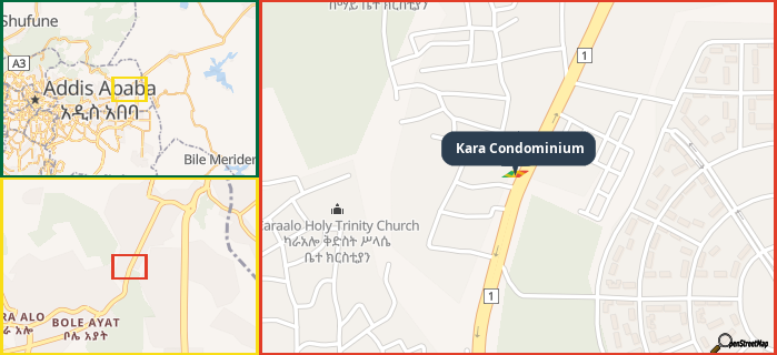 Map showing the address of Kara Condominium in three different zoom levels.