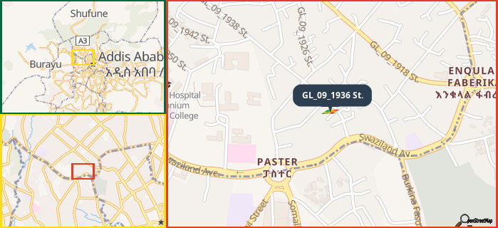 Map showing the address of GL_09_1936 St. in three different zoom levels.