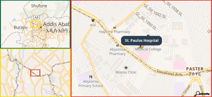 Map showing the address of St. Paulos Hospital in three different zoom levels.