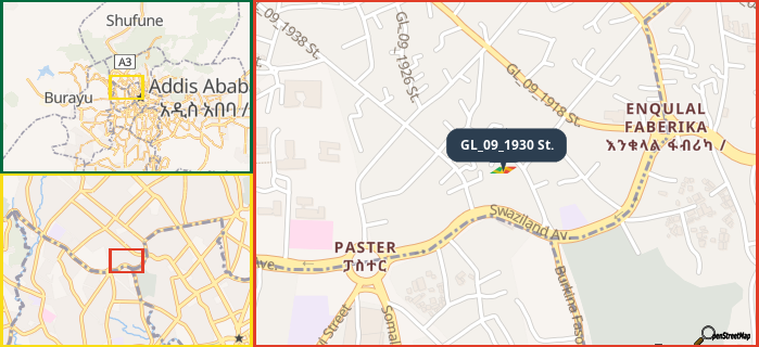 Map showing the address of GL_09_1930 St. in three different zoom levels.