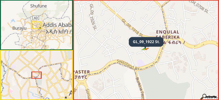 Map showing the address of GL_09_1922 St. in three different zoom levels.