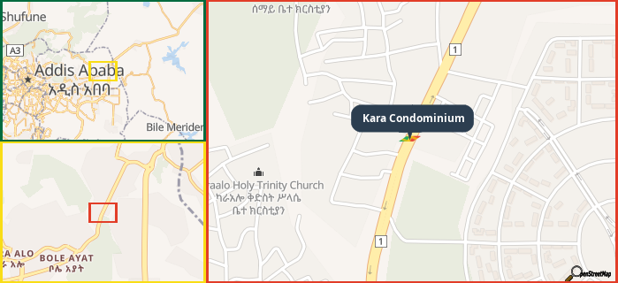 Map showing the address of Kara Condominium in three different zoom levels.
