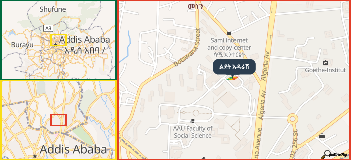 Map showing the address of ልደት አዳራሽ in three different zoom levels.