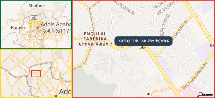Map showing the address of አቢሲንያ ባንክ - ራስ ደስታ ቅርንጫፍ in three different zoom levels.