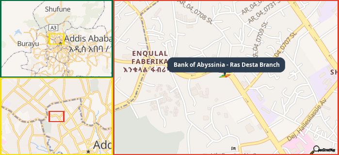 Map showing the address of Bank of Abyssinia - Ras Desta Branch in three different zoom levels.