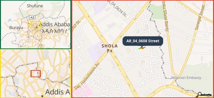 Map showing the address of AR_04_0608 Street in three different zoom levels.