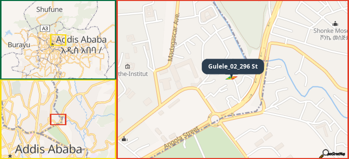 Map showing the address of Gulele_02_296 St in three different zoom levels.