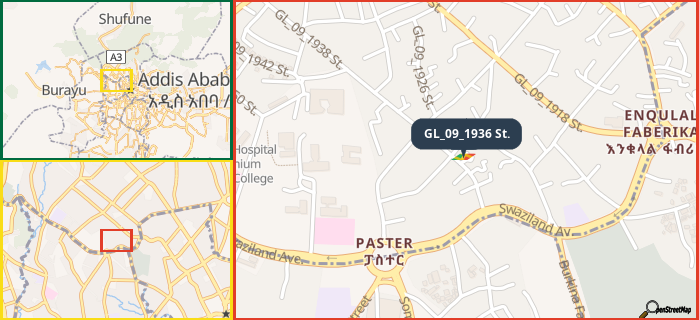 Map showing the address of GL_09_1936 St. in three different zoom levels.