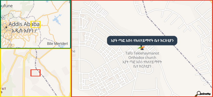 Map showing the address of አያት ጣፎ አቡነ ተክለሃይማኖት ቤተ ክርስቲያን in three different zoom levels.