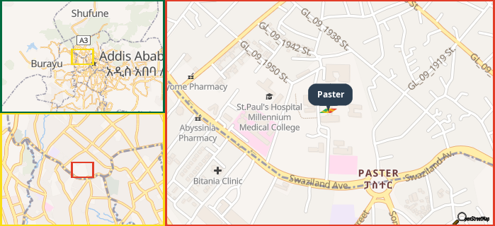 Map showing the address of Paster in three different zoom levels.