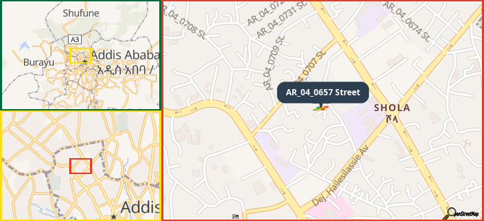 Map showing the address of AR_04_0657 Street in three different zoom levels.