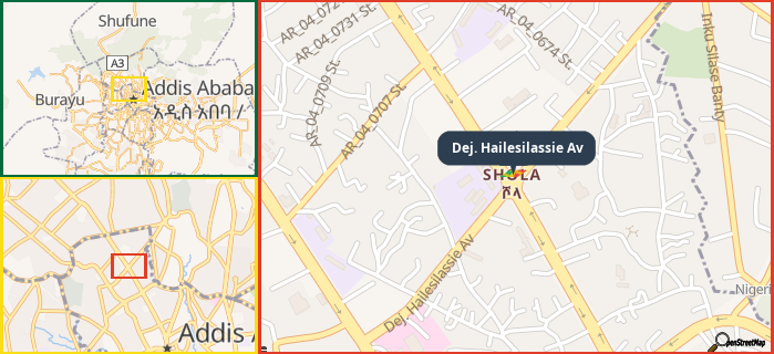 Map showing the address of Dej. Hailesilassie Av in three different zoom levels.
