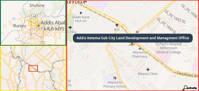 Map showing the address of Addis Ketema Sub City Land Development and Managment Office in three different zoom levels.