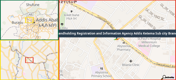Map showing the address of Landholding Registration and Information Agency Addis Ketema Sub city Branch in three different zoom levels.