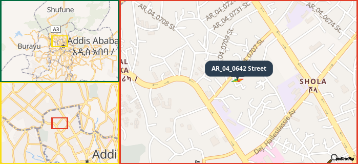 Map showing the address of AR_04_0642 Street in three different zoom levels.