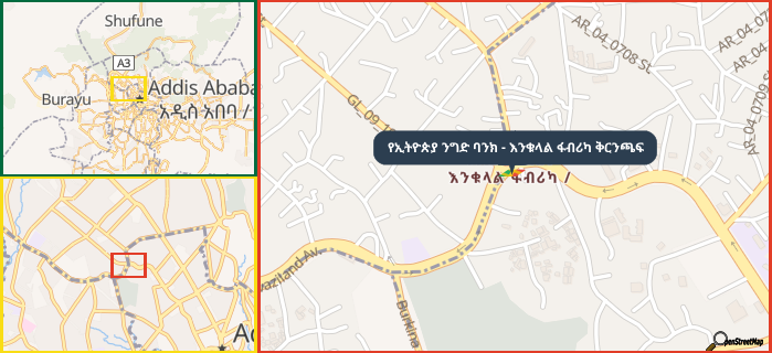 Map showing the address of የኢትዮጵያ ንግድ ባንክ - እንቁላል ፋብሪካ ቅርንጫፍ in three different zoom levels.