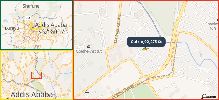 Map showing the address of Gulele_02_275 St in three different zoom levels.
