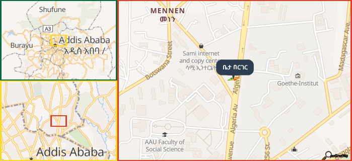 Map showing the address of ቤታ በርገር in three different zoom levels.
