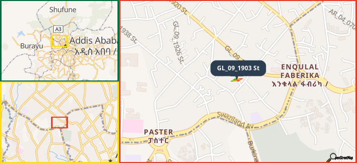 Map showing the address of GL_09_1903 St in three different zoom levels.