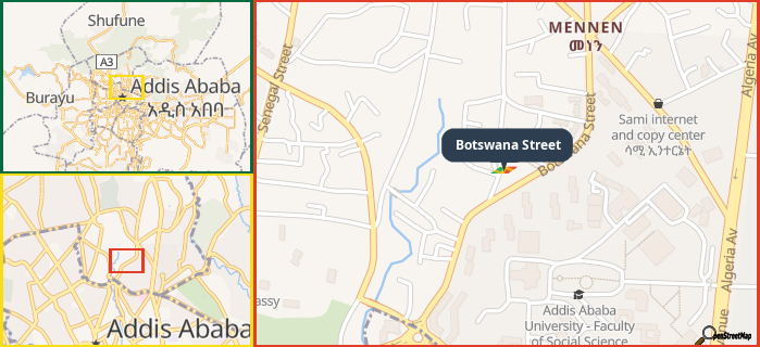 Map showing the address of Botswana Street in three different zoom levels.
