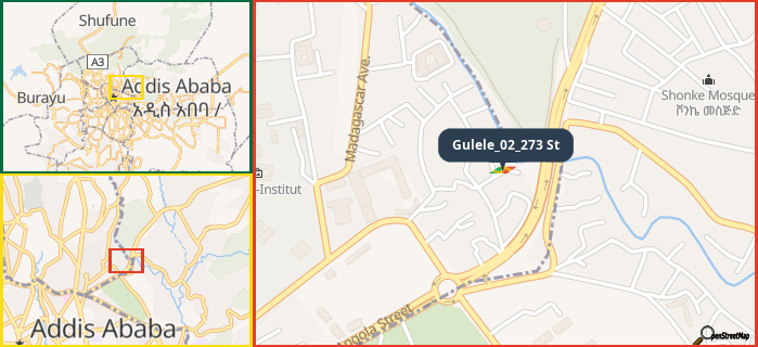 Map showing the address of Gulele_02_273 St in three different zoom levels.