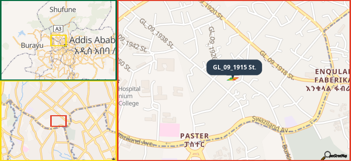 Map showing the address of GL_09_1915 St. in three different zoom levels.