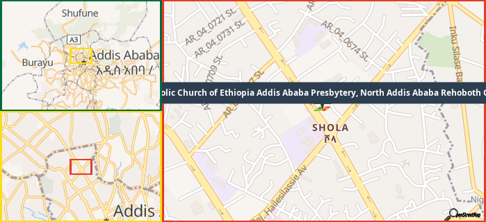 Map showing the address of Apostolic Church of Ethiopia Addis Ababa Presbytery, North Addis Ababa Rehoboth Chapel in three different zoom levels.