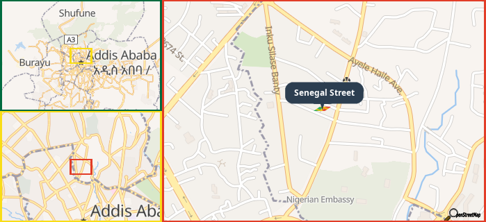 Map showing the address of Senegal Street in three different zoom levels.