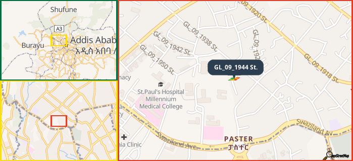 Map showing the address of GL_09_1944 St. in three different zoom levels.
