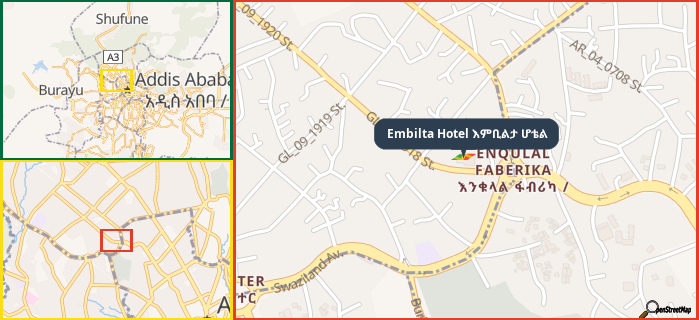 Map showing the address of Embilta Hotel እምቢልታ ሆቴል in three different zoom levels.