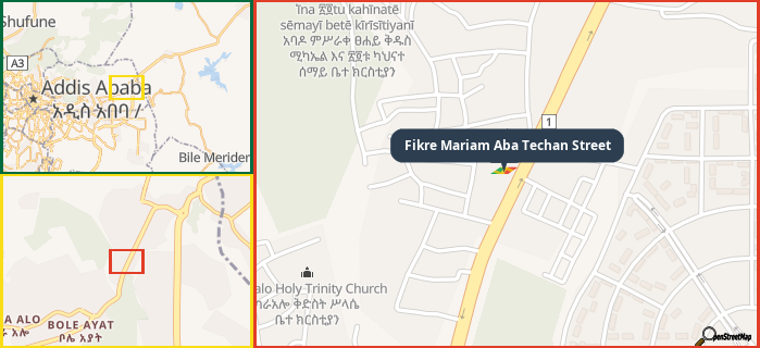 Map showing the address of Fikre Mariam Aba Techan Street in three different zoom levels.