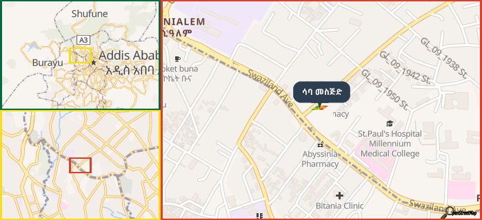 Map showing the address of ሳባ መስጅድ in three different zoom levels.