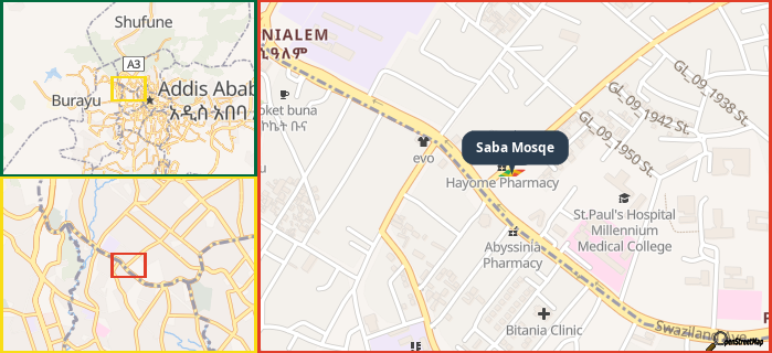 Map showing the address of Saba Mosqe in three different zoom levels.