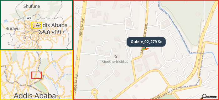Map showing the address of Gulele_02_279 St in three different zoom levels.