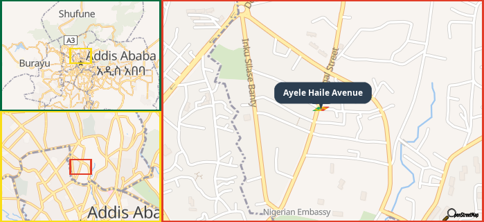 Map showing the address of Ayele Haile Avenue in three different zoom levels.
