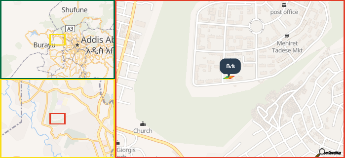 Map showing the address of ቤቴ in three different zoom levels.