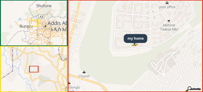 Map showing the address of my home in three different zoom levels.